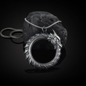 Ouroboros Eating Its Own Tail Necklace, Mens Dragon Necklace, Oxidized Dragon Pendant, Large Dragon Necklace, Silver Mythical Necklace