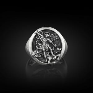 St Michael Pinky Signet Ring For Men, Oxidized Archangel Saint Michael Ring in Sterling Silver, Christian Ring For Family, Religious Ring