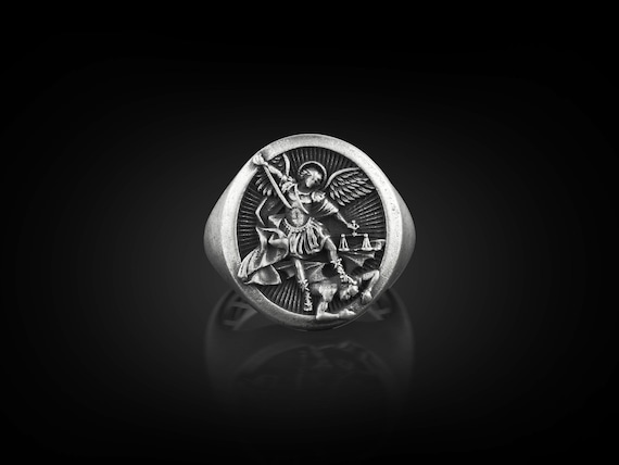 St Michael Pinky Signet Ring For Men, Oxidized Archangel Saint Michael Ring in Sterling Silver, Christian Ring For Family, Religious Ring