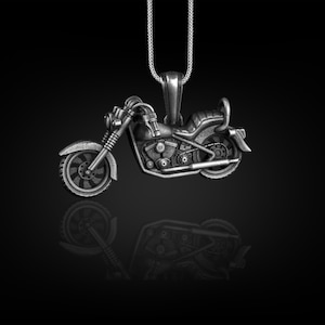 Harley Davidson Pendant Necklace in 3D, Motorcycle Mens Necklace in Oxidized Silver, Biker Jewelry For Boyfriend, Cool Male Necklace