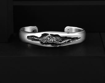 Black Forest Mountain Silver Cuff Unisex Bracelet, Customizable Handmade Travel Adventure Gift Jewelry