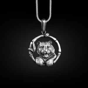 Baby tiger on branch pendant necklace for men, Unusual mens nature inspired necklace in silver, Floral necklace for son