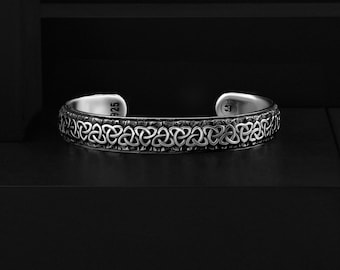 Viking Valknut Knot Handmade Sterling Silver Men's Cuff Bracelet, Personalized Scandinavian Gift Jewelry
