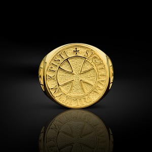 Knights templar 14k gold signet ring for men, 18k gold mens crusader cross ring for husband, Gold christian ring for dad, Gift for birthday