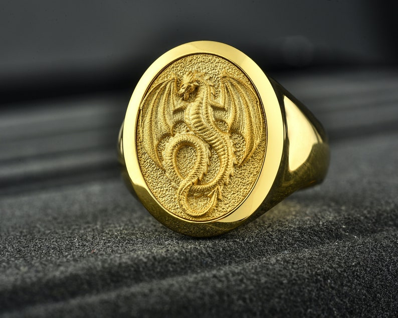 Gold Dragon Mens Ring 14K Gold Winged Dragon Ring 10K Gold Etsy