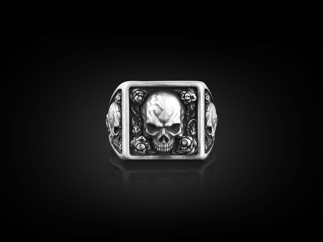 Skull And Roses Rings Skull and Rose One of A Kind Ring, Floral Signet Ring for Men in ...