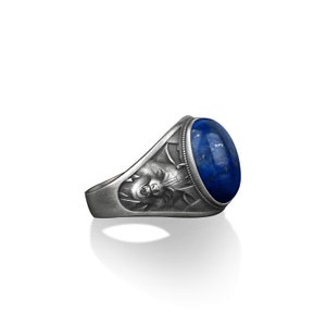 925 sterling silver lapis lazuli men ring with wolf, Gemstone ring with the snarling wolf engraving on the sides, One of a kind men rings