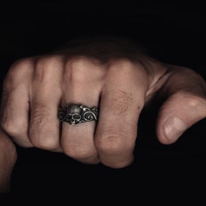 Skull with Leaves Motif Handmade Sterling Silver Men Biker Ring, Skull & Leaves Motif Gothic Ring, Skull with Leaves Motif Silver Jewelry