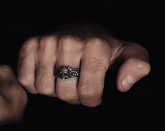 Skull with Leaves Motif Handmade Sterling Silver Men Biker Ring, Skull & Leaves Motif Gothic Ring, Skull with Leaves Motif Silver Jewelry