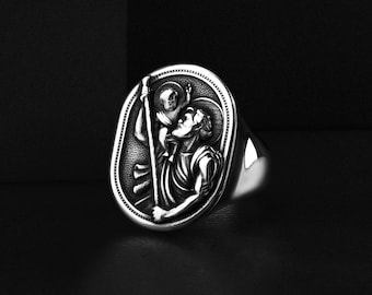 Saint Christopher Engraved Signet Men's Ring Sterling Silver, Unique Christian Saints Gift Jewelry for Husband