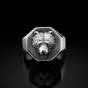 925 Silver Handmade Bear Men&#39;s Ring, Silver Viking Signet Bear Ring, Viking Wedding Men Rings, Sterling Silver Polished Boho Gift Men Ring
