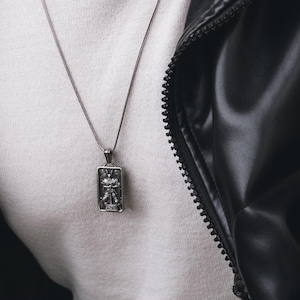 Thor with hammer rectangle pendant with custom name, Norse mythology personalized necklace in silver, Mjolnir pendant
