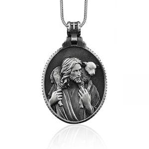 Silver Jesus Shepherd Men Necklace, Silver Christian Pendant, Men Religious Jewelry, Solid Silver Jesus Medallion, Catholic Jesus Mens Charm