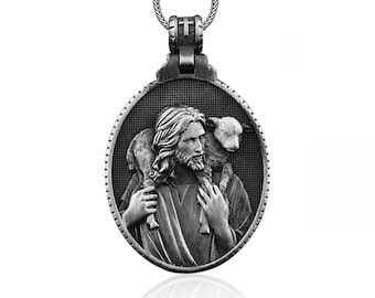 Silver Jesus Shepherd Men Necklace, Silver Christian Pendant, Men Religious Jewelry, Solid Silver Jesus Medallion, Catholic Jesus Mens Charm