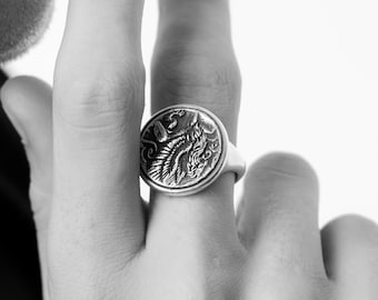 Unique Griffin Lion Engraved Sterling Silver Signet Ring for Men, Personalized Winged Lion Gift Jewelry for Anniversary