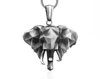 Elephant Handmade Silver Necklace for Mens, Low Poly Elephant Head Charm Pendant, Elephant Head Sterling Silver Pendant, Animal Men Necklace