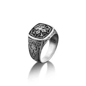 Lotus Floral Cross Mens Ring in Silver, Victorian Style Floral Pinky ...