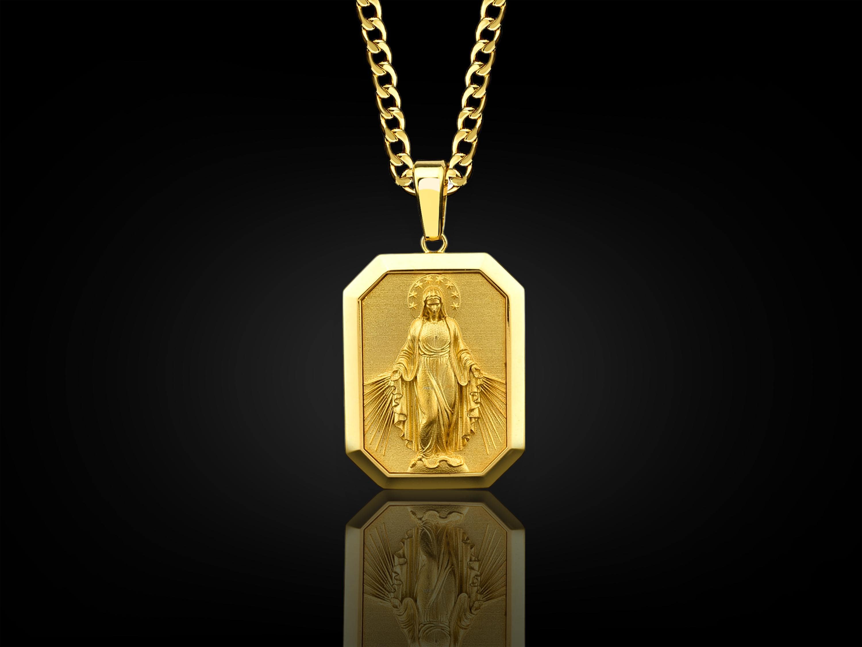 Miraculous Virgin Mary 10k Gold Necklace, 14k Gold Holy Mother Men