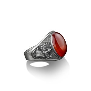 Roman god of the seas Neptune engraved red agate signet ring, Oval cut red gemstone men ring, Mythology ring for men with carnelian gemstone