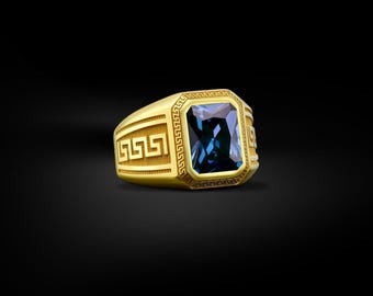 Blue sapphire luxury ring in 14k gold, Good wedding men gold jewellry, Custom engraved sapphire stone men ring, 18K sapphire men rings