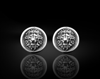 Lion symbol cufflinks in polished silver for men, Lion head men cufflinks, Lion wedding men jewelry, Polished silver cufflink, Birthday gift