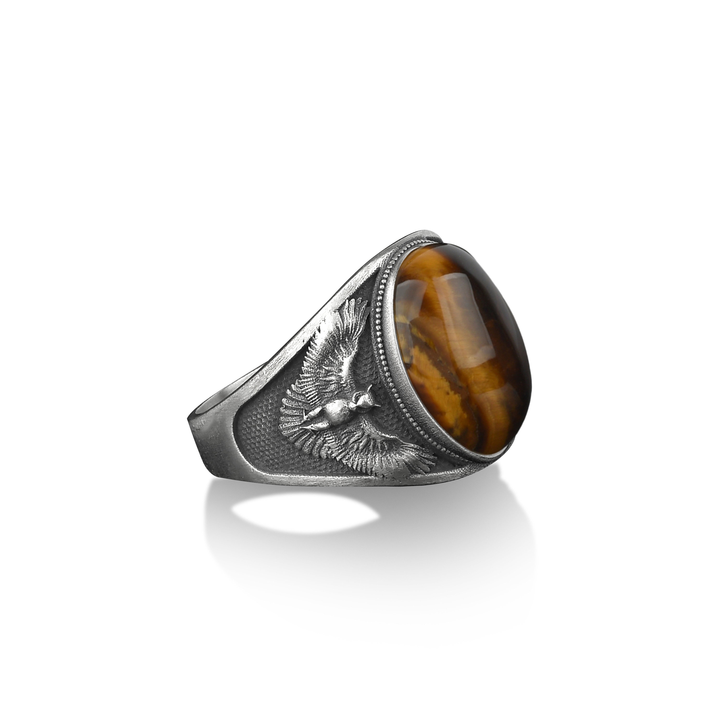 Owl with spread wings tiger's eye gemstone men ring, 925 sterling silver signet ring for men, Ha