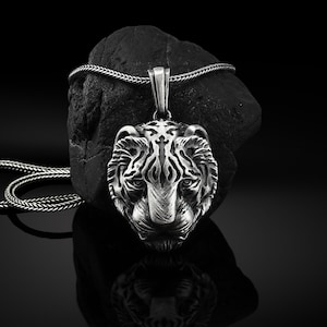 Tiger Head Silver Men Necklace, Angry Tiger Men Pendant, Wild Tiger Silver Men&#39;s Necklace, Angry Tiger Necklace, Husband Silver Gift Pendant