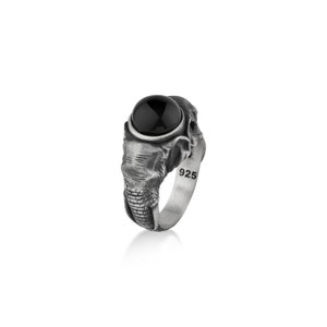 925 zilveren olifantenring met zwarte onyx, geluksring met zwarte steen, Onyx dierenring voor mannen, inspirerende ring