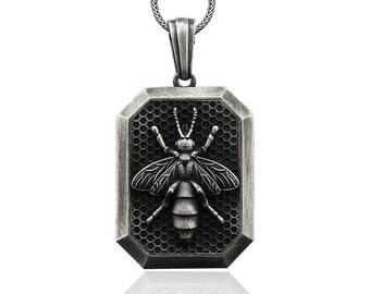 Wild Bee Man Silver Pendant, Personalized Bee Men's Necklace, Solid Silver Bee Charm, Husband Silver Gift Necklace, Animal Men Medallion