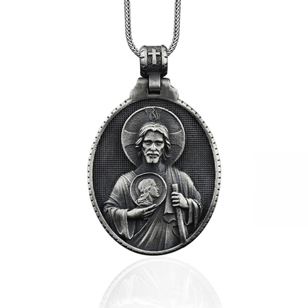 Silver Saint Jude Mens Necklace, Men Saint Jude Medallion, Saint Jude Silver Charm, Christian Medallion, Religious Catholic Silver Necklace