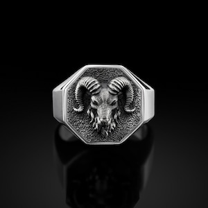 Zodiac Aries Ram Signet Ring for Men, Ram Head Silver Men Ring, Polished Silver Zodiac Boho Man Ring, Animal Silve Men Jewelry, Ring For Men