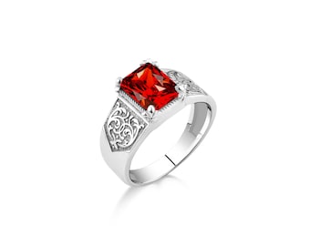 Anello da uomo in argento con rubino rosso con fleur de lis, anello da uomo con rubino vittoriano inciso in argento, grande anello da uomo con pietra preziosa rossa, anello regalo da uomo