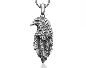 Eagle feather Charm Necklace for Men in Sterling Silver, Eagle Head Sterling Silver Pendant, Eagle Head Gift, Animal Necklace, Silver Charm