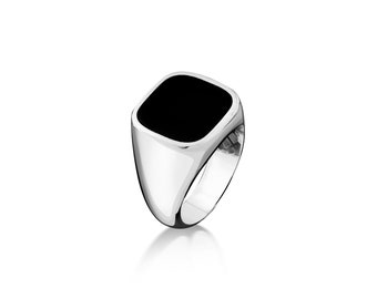 Anillo de hombre de ónix negro con corte de cojín plano superior en plata de ley 925, anillo de sello liso con ónix para hombre, anillo de piedra preciosa negra, anillo de regalo masculino