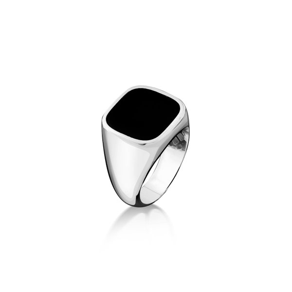 Flat top cushion cut black onyx men ring in 925 sterling silver, Plain signet ring with onyx for men, black gemstone ring, Male gift ring