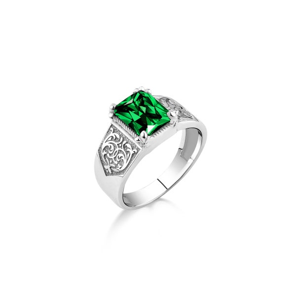 Emerald stone statement ring men with fleur de lis, Victorian engraved mens green emerald ring in silver,Gren jade men ring in 925 silver