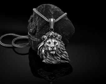 Maned Lion Handmade Necklace for Men in Sterling Silver, African Lion Necklace, Lion Men Pendant, Zodiac Leo Jewelry, Oxidized Lion Charm