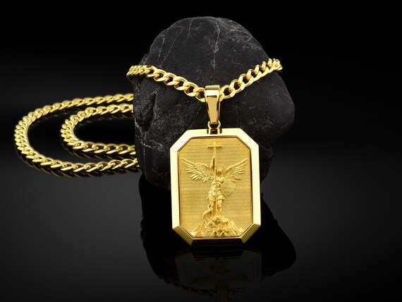 Archangel Saint Michael 14k Gold Mens Necklace Orthodox - Gold Saint Michael Pendant Chain