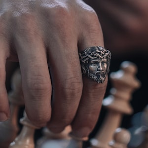 Jesucristo corona de espinas anillo de hombres de plata de ley hecho a mano, anillo cristiano de plata, joyería de plata de la corona de espinas de Jesús, anillo para los hombres
