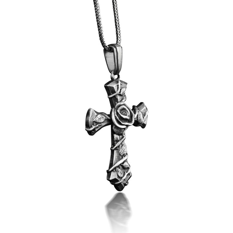 Rose in Cross Pattee Necklace For Men, Oxidized Floral Cross Necklace in Sterling Silver, Medieval Christian Cross Pendant For Boyfriend image 2