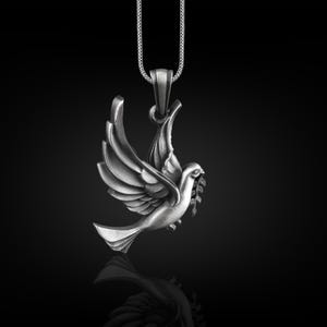 Leaf branch in pigeon beak nature necklace, Bird pendant for good luck, Freedom necklace in 925 silver, Dainty necklace