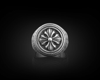 Anello Uomo Floreale Retro Smalto Nero &ndash; Acciaio Inox &ndash; Fede Pinky Stile Vintage