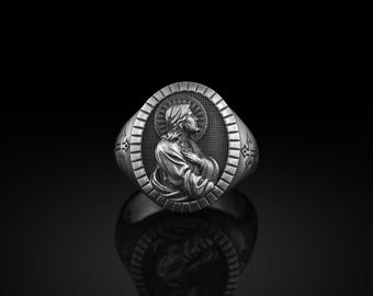 Sterling Silver Jesus Prayer Signet Ring For Men, Christ Jesus Religious Ring, Protection Ring, Jewelry For Men, Family Ring, Christian Gift