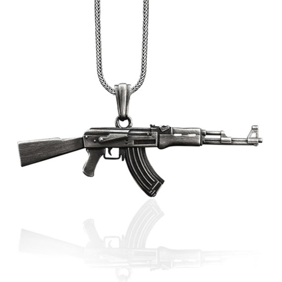 White Gold AK-47 Rifle Gun Pendant