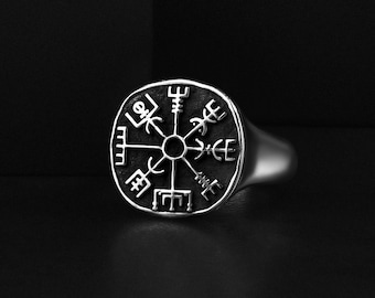 Viking Vegvisir Signet Pinky Ring in Sterling Silver, Handmade Norse Compass Nordic Birthday Gift Jewelry Rings