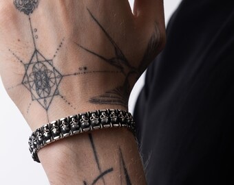 Skull and Bone Sterling Silver Men's Cuff Bracelet, Personalized Biker Gothic Gift Jewelry for Anniversary