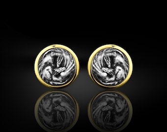 Sterling silver men's cufflinks with twin dragon symbol, Dragon gold plated silver cufflinks for men, Engraved men gifts, Dragon cufflinks