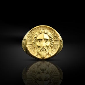 14k gold men jesus men ring, Engraved jesus head signet gold men ring, Unique 18k gold signet ring for dad, Extraordinary gift, Wedding gift
