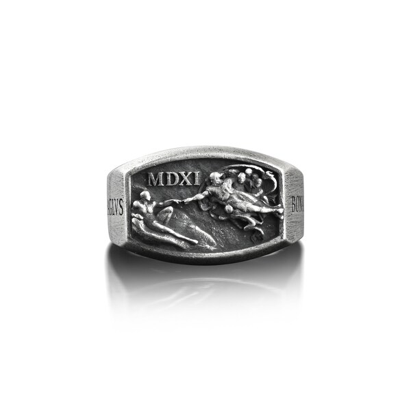 The Creation of Adam Michelangelo Ring, Renaissance Art Spiritual Mens Ring in Silver, Pinky Signet Ring For Men, One Of A Kind Faith Ring