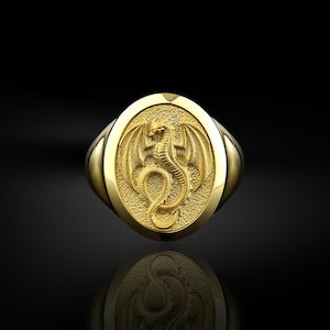 Gold dragon men signet ring, 14K winged dragon gold ring, 18k gold men jewelry, Anniversary gift, Gold gift for husband, Men wedding rings